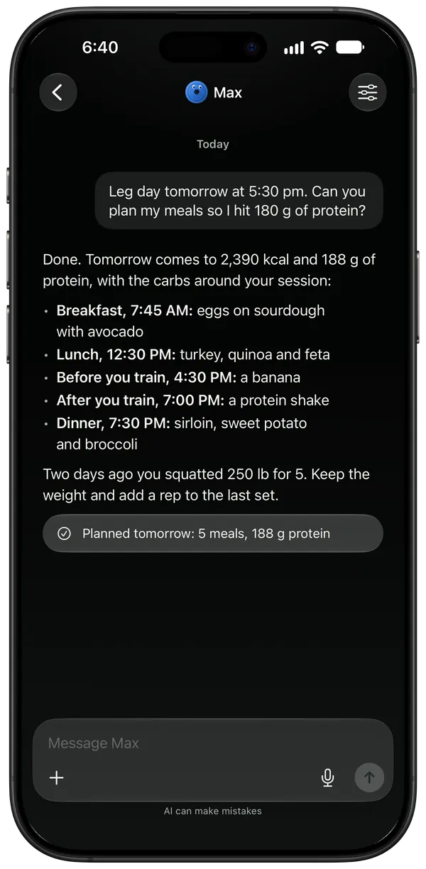 The coach planning tomorrow's meals around a leg day
