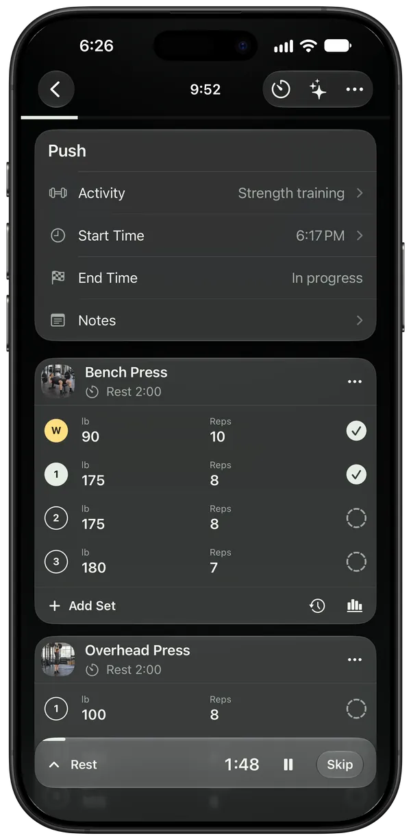 A push workout in progress with the rest timer running