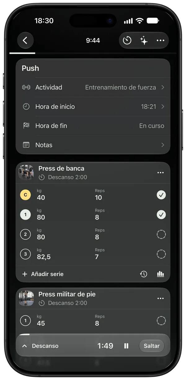 Un entrenamiento de push en curso con el temporizador de descanso en marcha